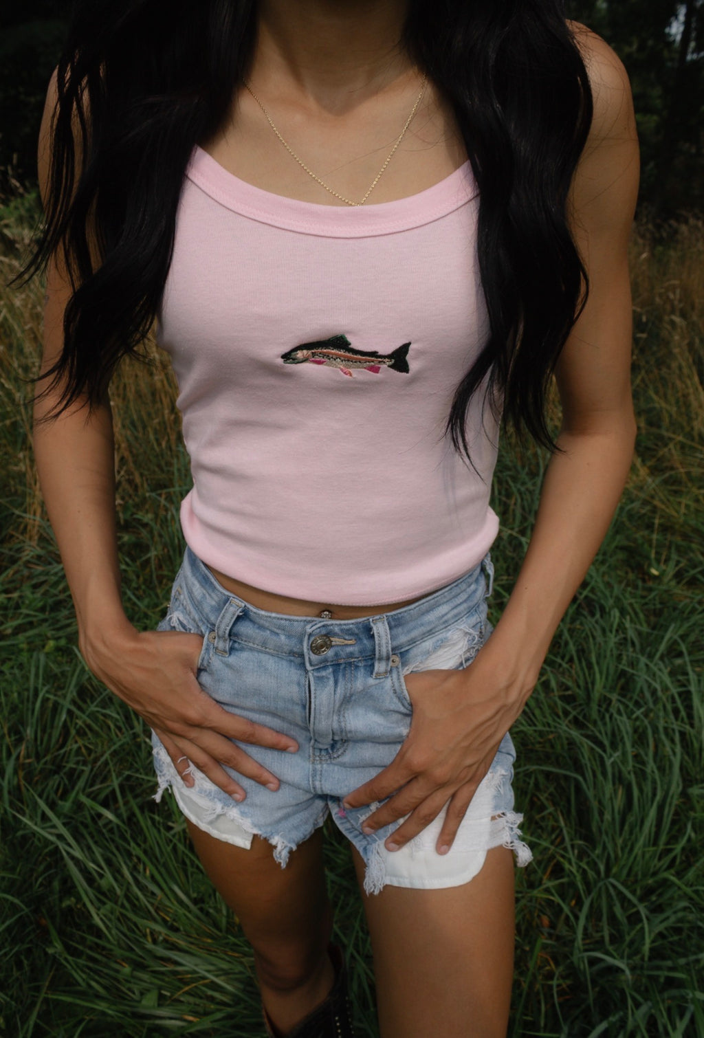 Pink Embroidered Trout Ribbed Racerback Tank
