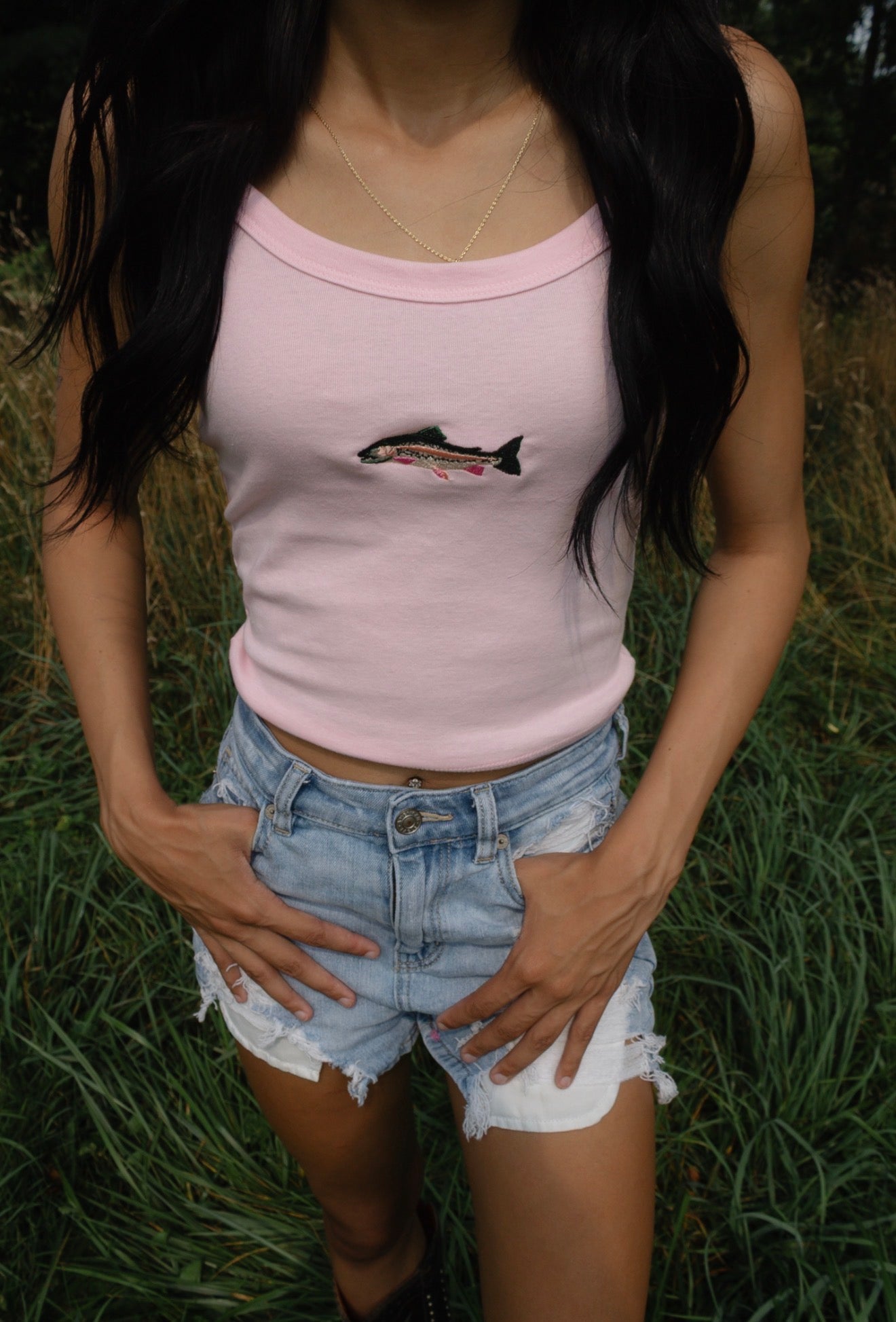 Pink Embroidered Trout Ribbed Racerback Tank